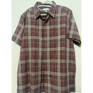 Mens Haggar Plaid Short Sleeve Button-Up Dress Shirt L Maroon & Grey 100% Polyes